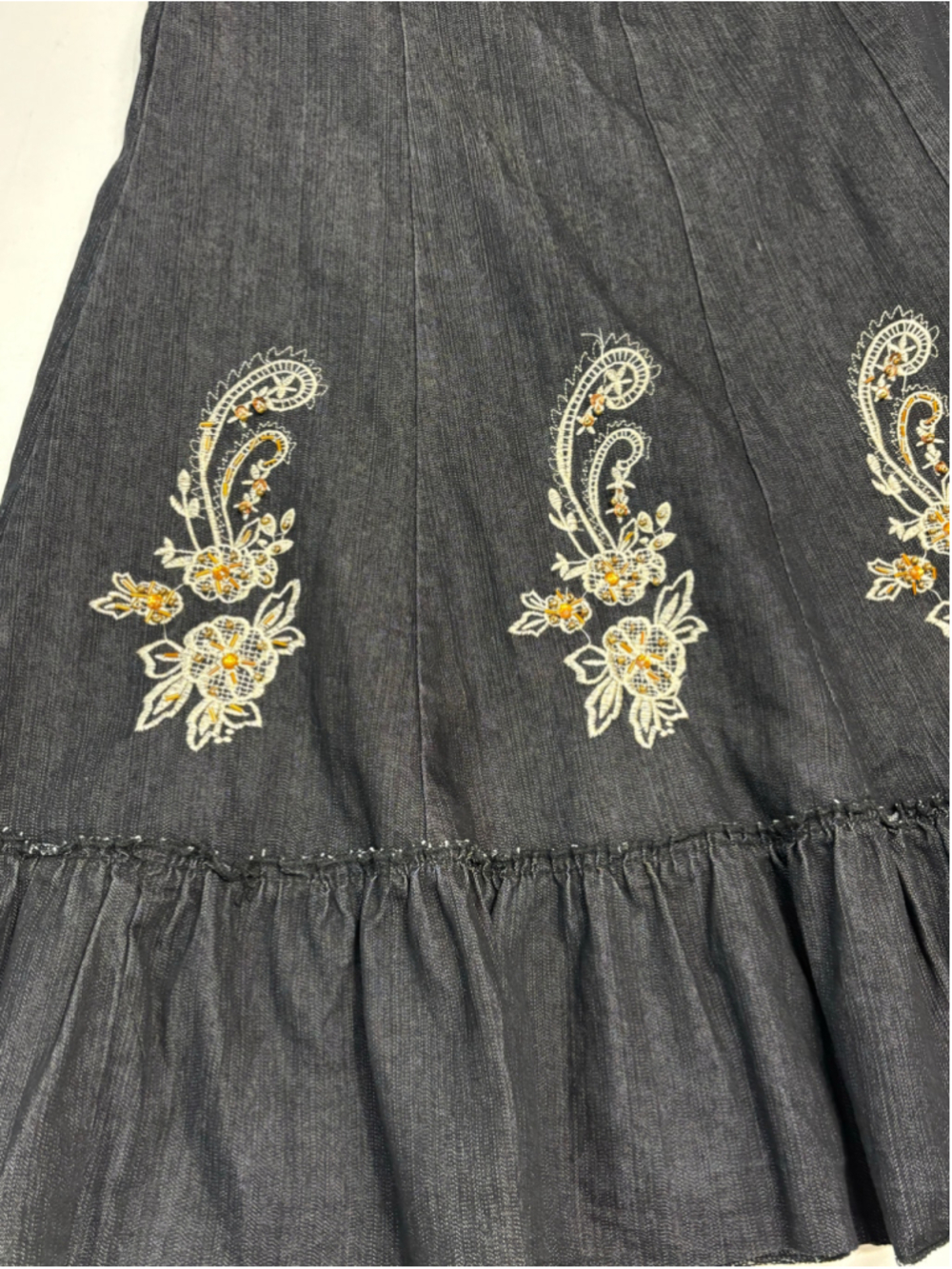 Venus Embroidered Jean Skirt Boho Western Cottagecore Ruffle Midi Size 30 - 673 - Picture 3 of 9